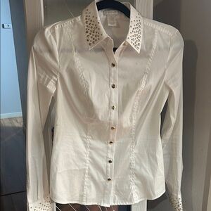Cache Ivory Button-Down Shirt with Gold Details